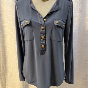 White House Black Market Gray Long Sleeve Polo Blouse